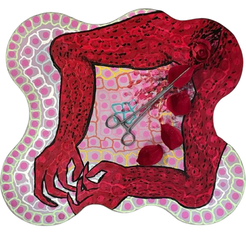 painting depicting hairy demon legs and genitalia. a 3d rose is mostly obscuring the vulva, with rose petals and long metal hemostatic forceps positioned coming out from the canal.